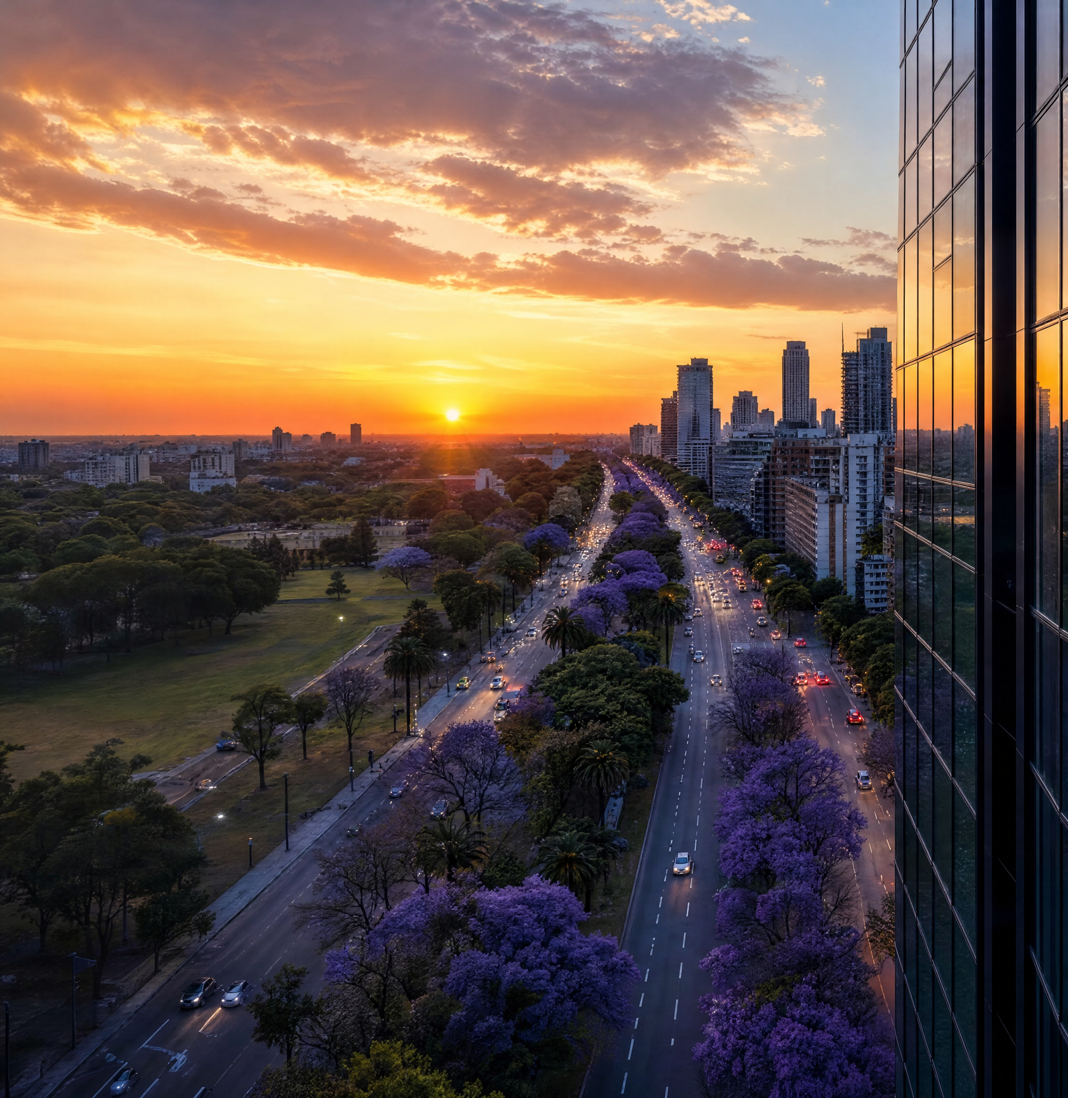 Vista aérea de la Avenida Figueroa Alcorta en Buenos Aires al atardecer